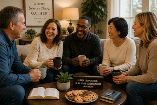 Group with coffee and cookies
