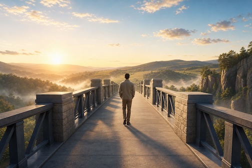 Man crossing strong bridge