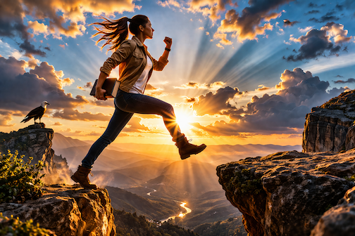 Woman striding across chasm